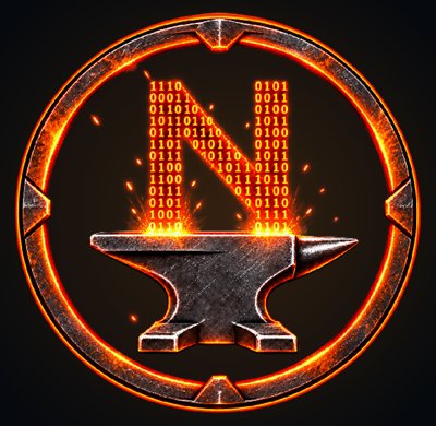 Letter Mayhem emblem: a binary-patterned letter N rising from a steel anvil inside a forge-orange ring